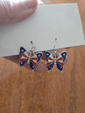 Patriotic Butterfly Drop Earrings - Red, White & Blue